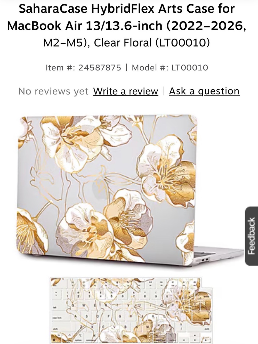Clear Floral Laptop Case Cover Shell for 13” 13.6” inch MacBook Air Gold Floral